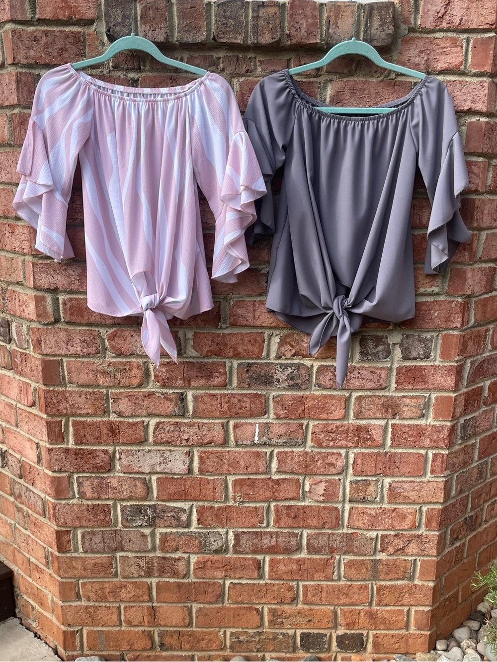 BOGO: Two blouses; Pink & White vertical stripe and one solid Gray